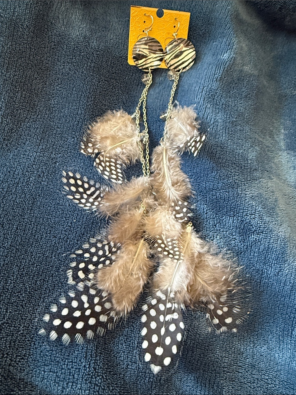 Long Feather Drop Earrings with Spotted Feathers - Brown & White